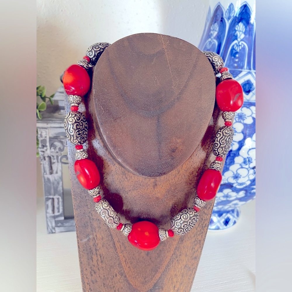 Brighton Full Moon Red Chunky Silver tone Beaded Necklace